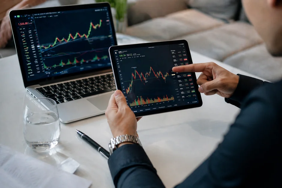 Hands typing on a laptop with cryptocurrency charts and smartphone display in view, focusing on digital finance.